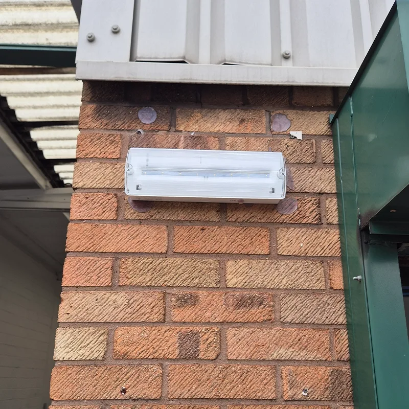External bulkhead emergency light fitted to a building